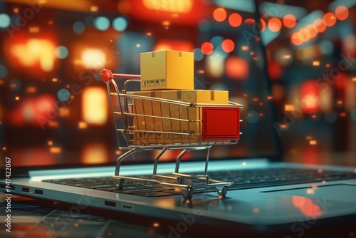 Shopping cart with many packages on a laptop desktop, blurred details, defocused bokeh effect, online shopping concept.