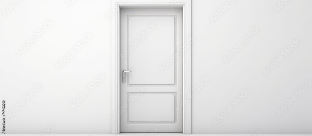 A simple room with white walls, featuring a wooden door and a single window with curtains. The door stands closed, while light filters through the window onto the floor. A simple room with white walls, featuring a wooden door and a single window with curtains. The door stands closed, while light filters through the window onto the floor.