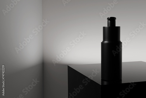 Dark cosmetic bottle on podium, cosmetics for men's skin care. 3d render