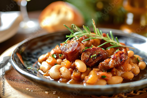 A plate of cassoulet, a rich and hearty stew made with white beans, pork, sausage, and duck or goose confit photo
