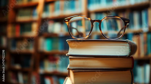 Eyeglasses on top of a stack of books with a blurred bookshelf background representing knowledge, education, reading, and learning.