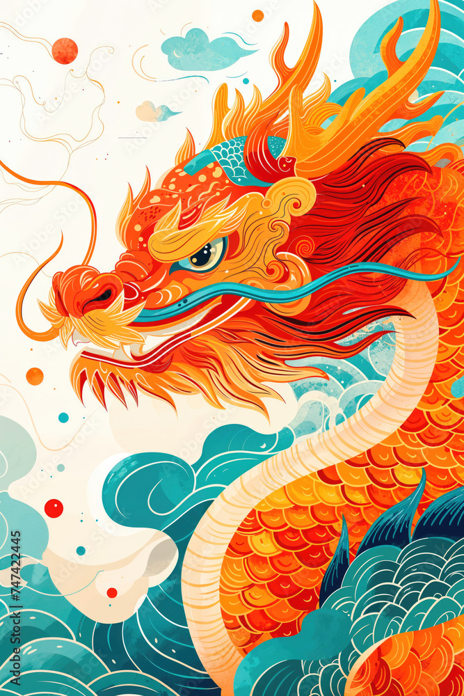Vibrant illustration of a fiery orange dragon amidst swirling clouds and waves, symbolizing power and mythology.