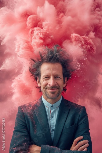 A cheerful smiling man in a formal suit in pink smoke. The man in pink powder