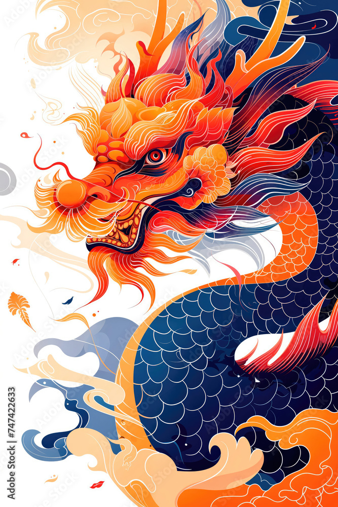 A dynamic illustration of a blue and orange dragon coiling amongst clouds, embodying strength and ancient folklore.
