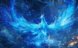 Sapphire phoenix rising from deep blue flames its feathers a brilliant azure shimmering with fiery intensity