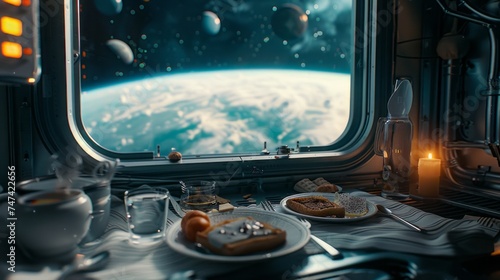 macro photo, breakfast in a lift in the space station with a view of planet earth, looks very real, detailed, warm lighting, photography photo