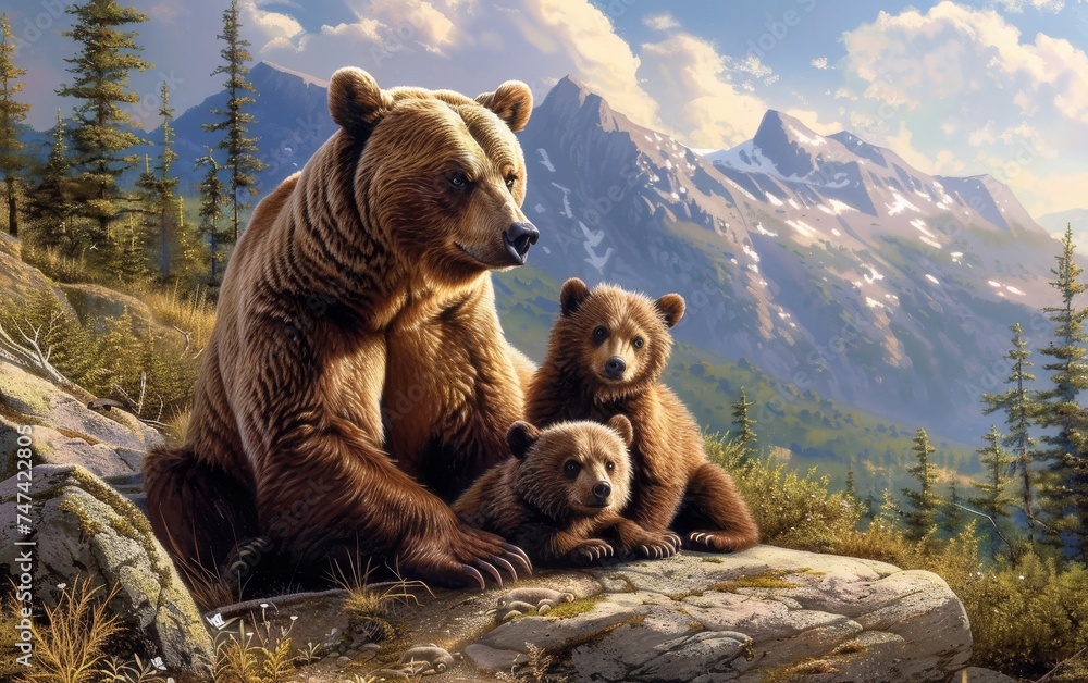 Protective mother bear watching over her cubs - obrazy, fototapety, plakaty 
