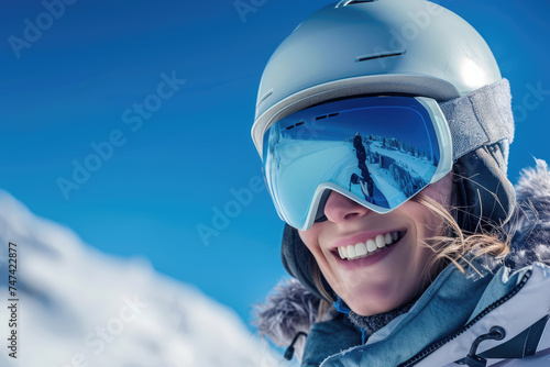A joyful skier with reflective goggles and a helmet smiles against a backdrop of snowy mountains.
