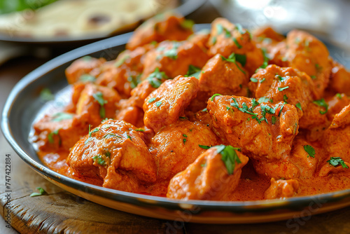 A plate of chicken tikka masala, a popular Indian dish made with roasted chicken chunks in a spiced tomato-based sauce.