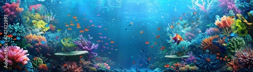 Imagine an underwater scene in the ocean where divers explore a vibrant coral reef teeming with fish The clear blue water reveals the beauty of marine life, including sharks, amidst the colorful coral