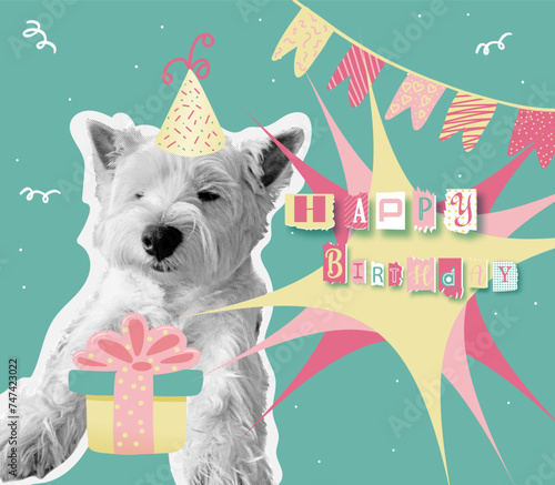 Happy birthday. Vector collage illustrations of dog in cap, birthday cake, lettering for a greeting card or background