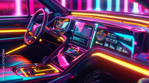 Futuristic Car Interior with Neon Lighting. Generative ai