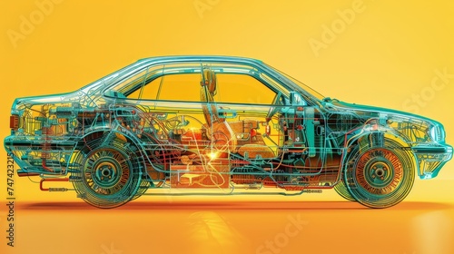 the internal structure of the car. Detailed X-ray visualization of a car showcasing its intricate internal mechanics and design in a 3D illustration.