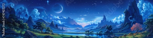 Moonlight over a hidden valley where an elf and dragon share dates by a magical spring crafting potions during night prayers near the Silk Road