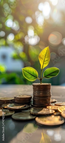 Increasing efficiency and reducing costs in financial transactions with stacked coins and growing plant photo