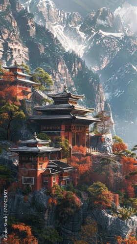 The image captures a serene Chinese temple at dawn, nestled in the mountains, showcasing a blend of Chinese and Japanese architectural elements amidst ancient trees photo