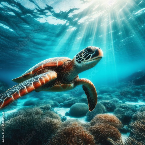 Leatherback turtle swims across beautiful coral reef 