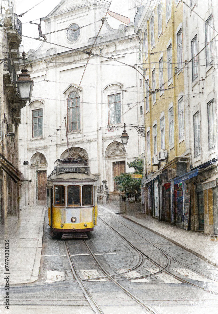 watercolor of tram 28, Lisbon, Portugal