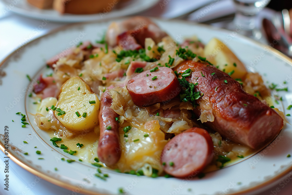 A plate of choucroute garnie, a traditional Alsatian dish of sauerkraut cooked with sausages, salt pork, and potatoes