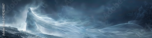 Frostveil specter a ghostly figure draped in icy mist gliding through a winter landscape leaving a trail of frost in its wake