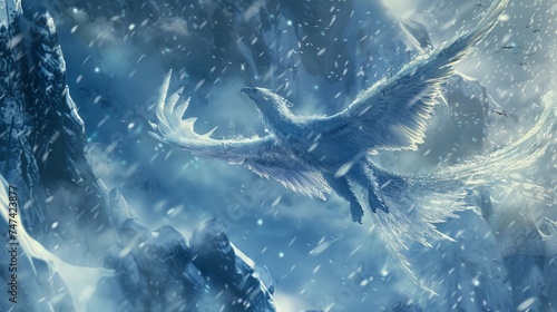 Frost phoenix a creature of ice and snow reborn from a glacier soaring through a blizzard with wings of shimmering frost photo
