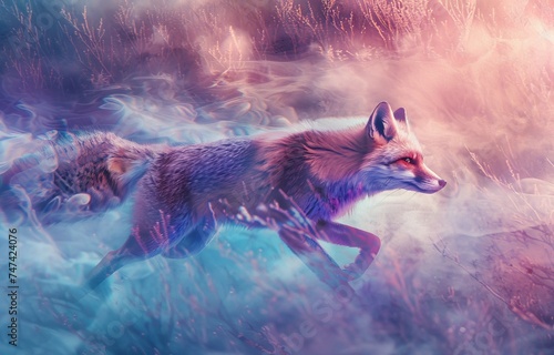 Ether fox a mystical creature with fur shifting in ethereal colors moving swiftly through a dreamlike misty forest photo