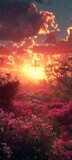 Easter hymn with cross in flower garden and sunset