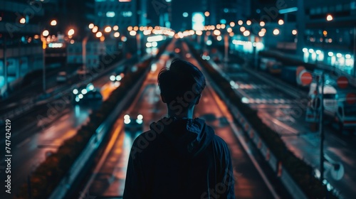 a person standing on a road at night