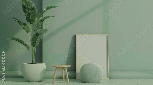 Soft pouf with plant and frame on green background