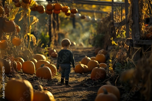 A little boy walks in an autumn uniform with lots of pumpkins