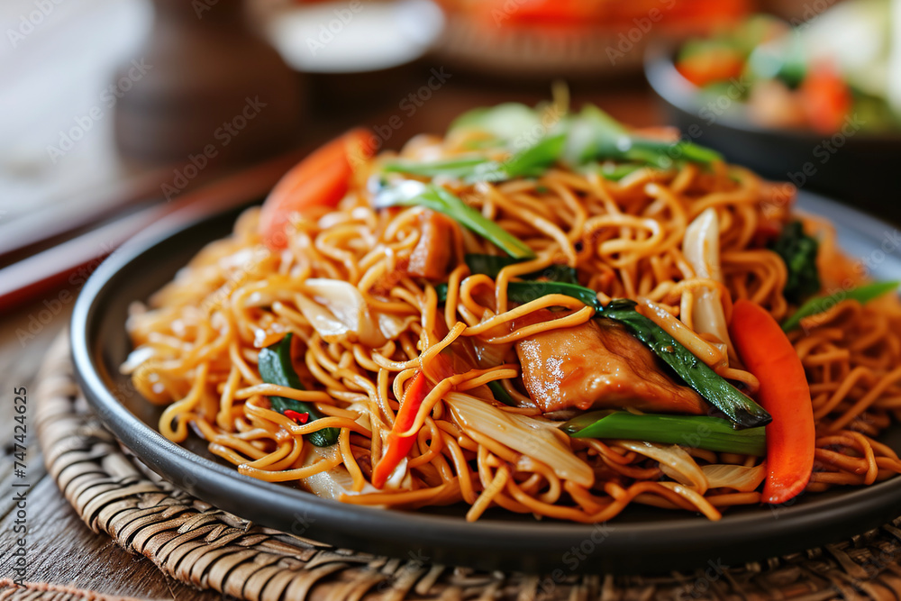 A plate of chow mein, a Chinese dish consisting of noodles stir-fried with vegetables and sometimes meat or tofu. A plate of chow mein, a Chinese dish consisting of noodles stir-fried with vegetables and sometimes meat or tofu.