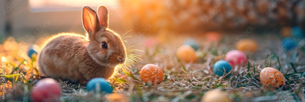 Easter feast with little bunny and Easter eggs - obrazy, fototapety, plakaty 
