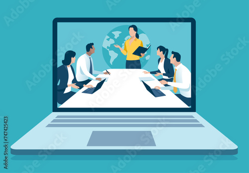 Teleconference. Network communication. Connecting to a team over the network. Business vector illustration.
