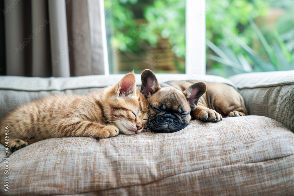 Cute little kitten and a french bulldog puppy sleeping comfy next to each other on a soft sofa pillow, window and garden in the background.
