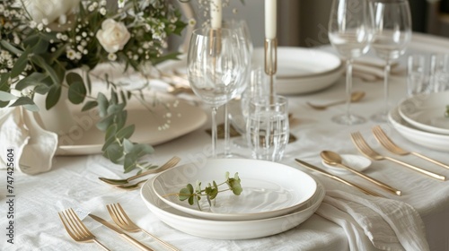  plates, cutlery, glasses, glasses, napkins. Stylish table decoration for the ceremony, wedding. White tablecloth. © Emil