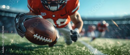 American football rugby sport banner, close-up of a football player in full equipment with a ball on the field