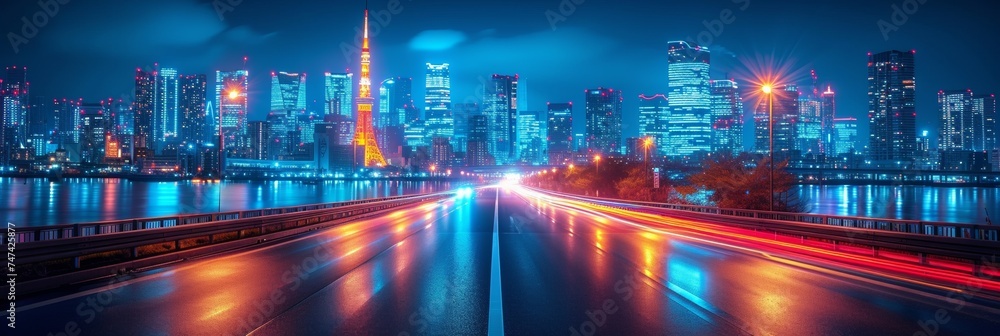 A dynamic night cityscape with illuminated skyscrapers, busy streets, and light trails.