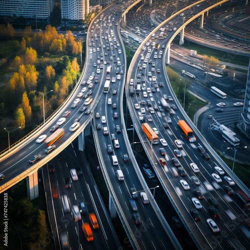 Car traffic moving on highway, aerial view