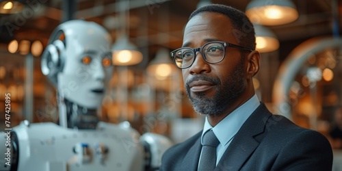 Confident African scientist and businessman poses with a model representing advanced robotics intelligence. photo