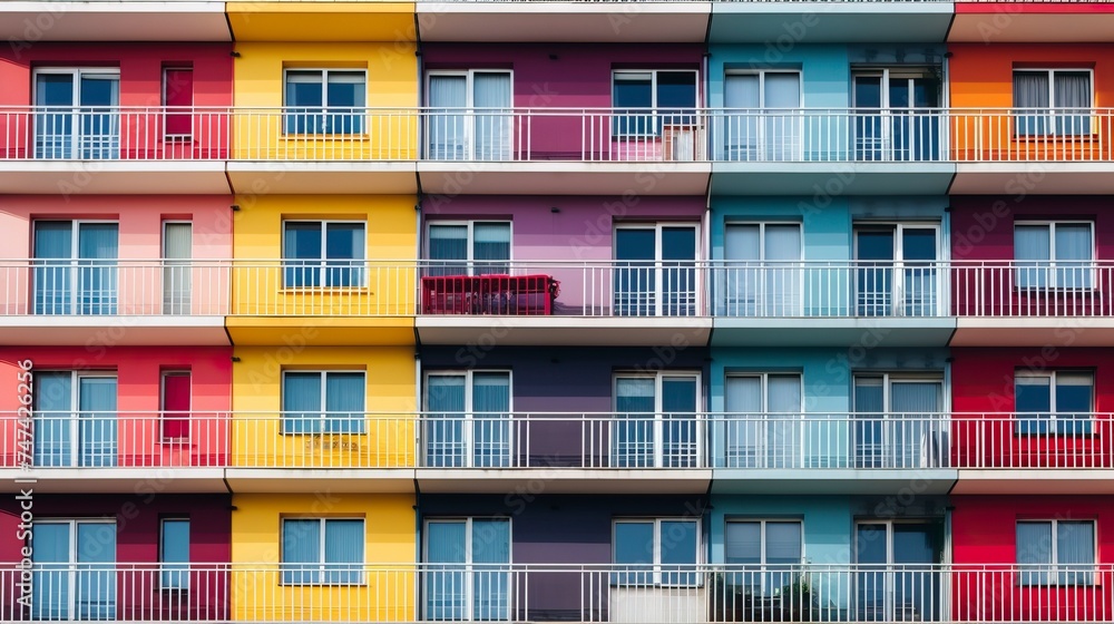 Colored residential building facade with balconies
