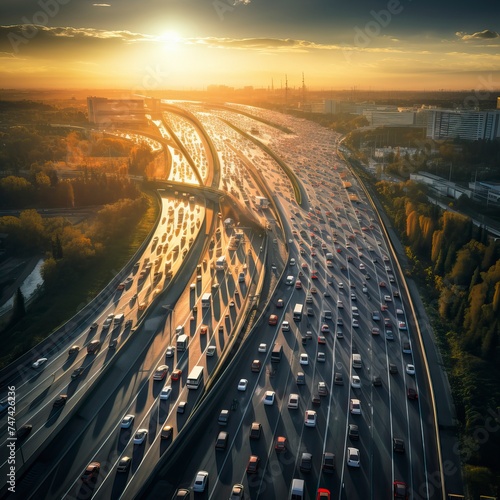 Car traffic moving on highway, aerial view
