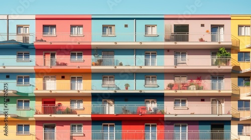 Photo Colored residential building facade with balconies