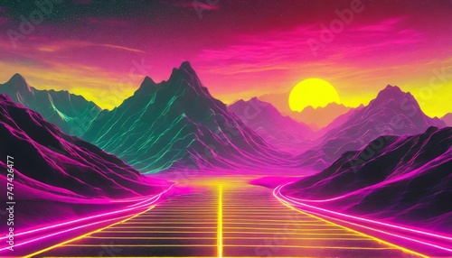 Synthwave retro cyberpunk style landscape background banner or wallpaper. Bright neon pink and yellow colors  © Marko