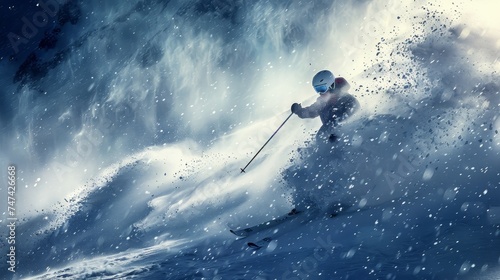 A skier is captured making a sharp turn in a snowstorm, with snow particles flying around in a wild, dynamic scene.