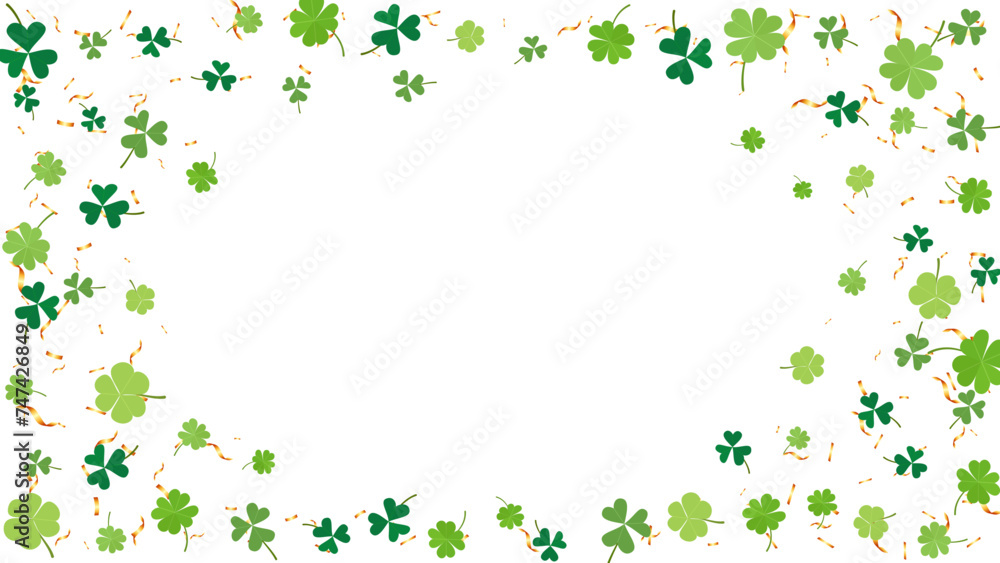 frame circle with clover leaves and gold confetti for Saint Patrick Day, holiday party frame circle with clover leaves and gold confetti for Saint Patrick Day, holiday party