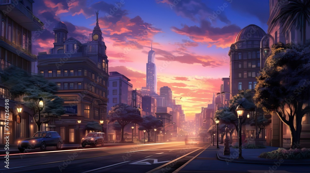 Obraz premium Downtown district at dusk 