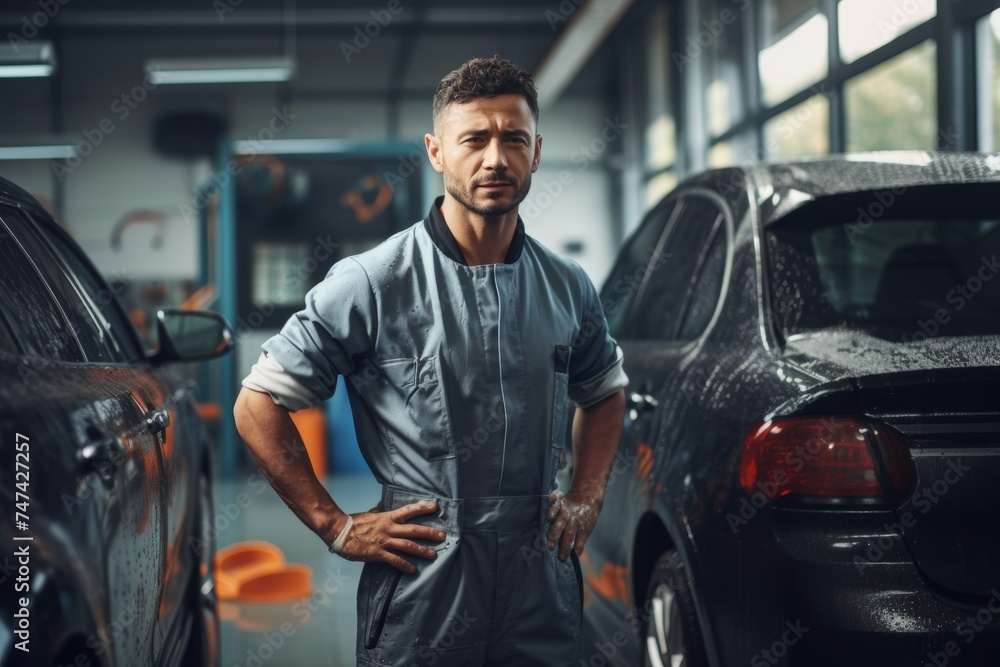 Confident mechanic in a car workshop, arms crossed Confident mechanic in a car workshop, arms crossed