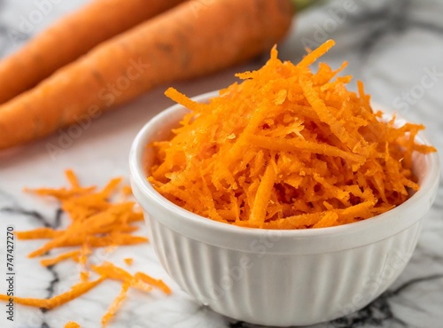 Grated carrot in bowl. Cooking vegetarian food at home.