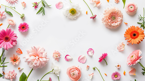 Floral frame with place for text. Gerberas, roses and ranunculus isolated on white background. Background for Mother's Day, Valentine's Day, March 8th. Mother's day card with pink flowers on white.