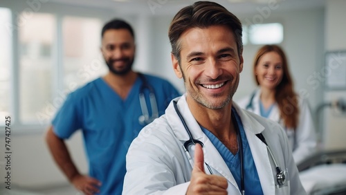 Smiling doctor showing thumbs up